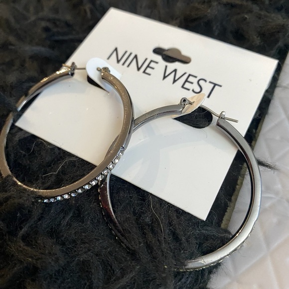 Nine West Gun Black With Rhinestone Hoop Earrings NWT - Picture 3 of 11